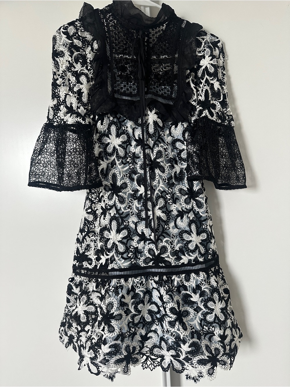 Self-Portrait Black and White Lace Dress with Floral Appliqué